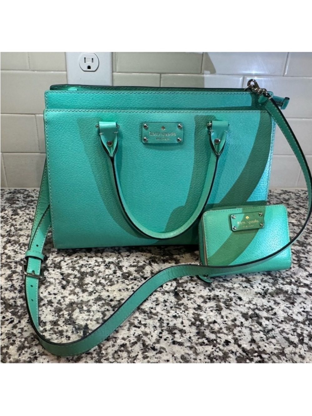 kate spade turquoise leather satchel with matching wallet